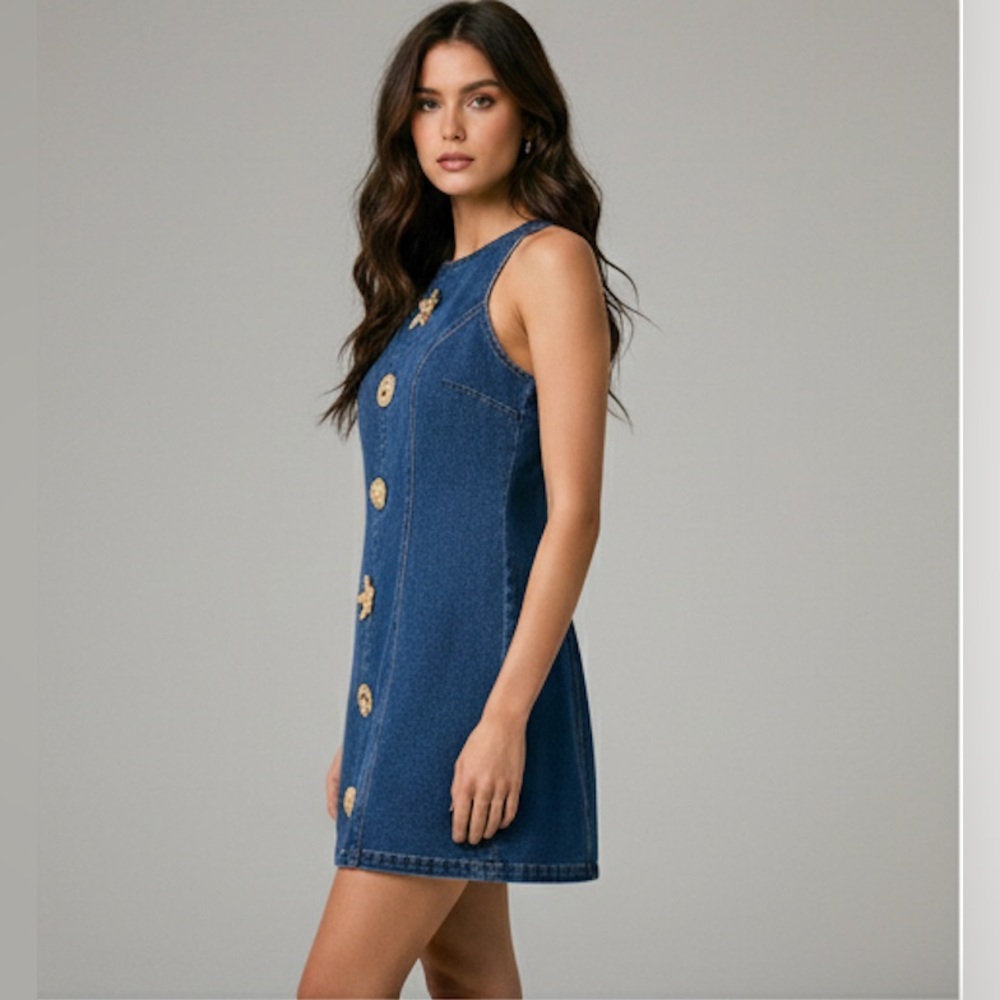 🔥🔥Mini Denim Dress Gold Button Deco Blue - Picture 2 of 9